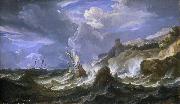 Pieter Meulener A ship wrecked in a storm off a rocky coast painting